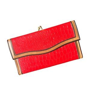 Vintage 80s Red Tan Reptile Embossed Womens Wallet Kisslock and Snap Closure